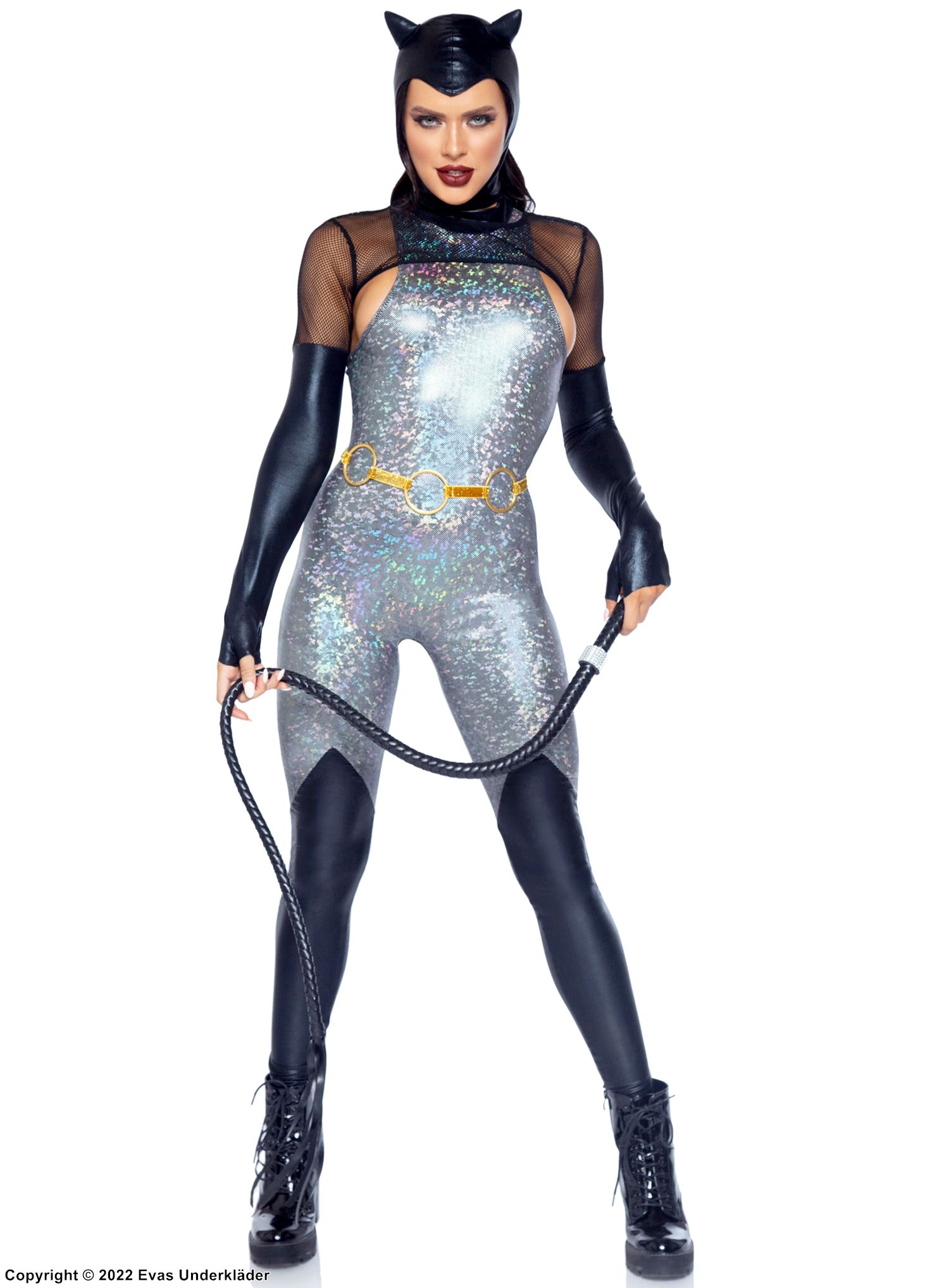 Costume catsuit, small fishnet, wet look, iridescent fabric, rings